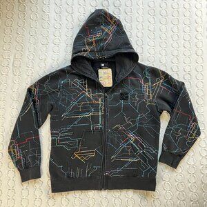 Vtg DC Shoes Full Zip Hoodie Mens M Subway AOP Skate Black Y2K Grunge New York